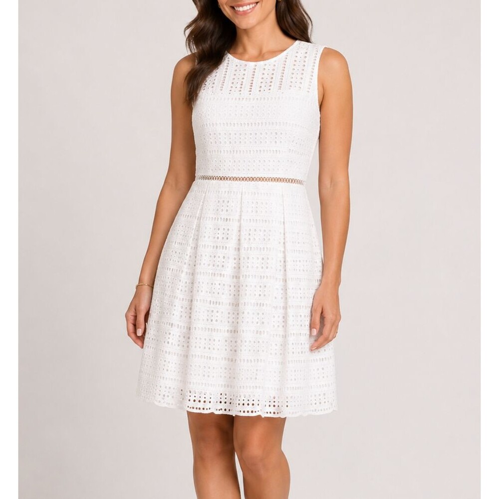Vineyard Vines White Eyelet Fit & Flare Dress Sz 8 Sleeveless Romantic Old Money